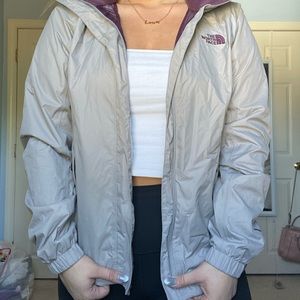 Purple and grey north face rain jacket